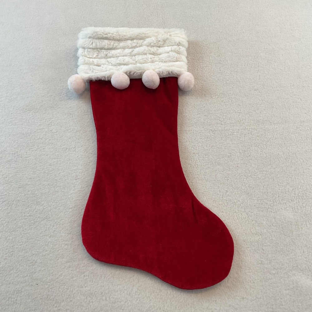 Dyno Seasonal Solutions Red Velvet Christmas Stocking White Faux Fur Pom Poms